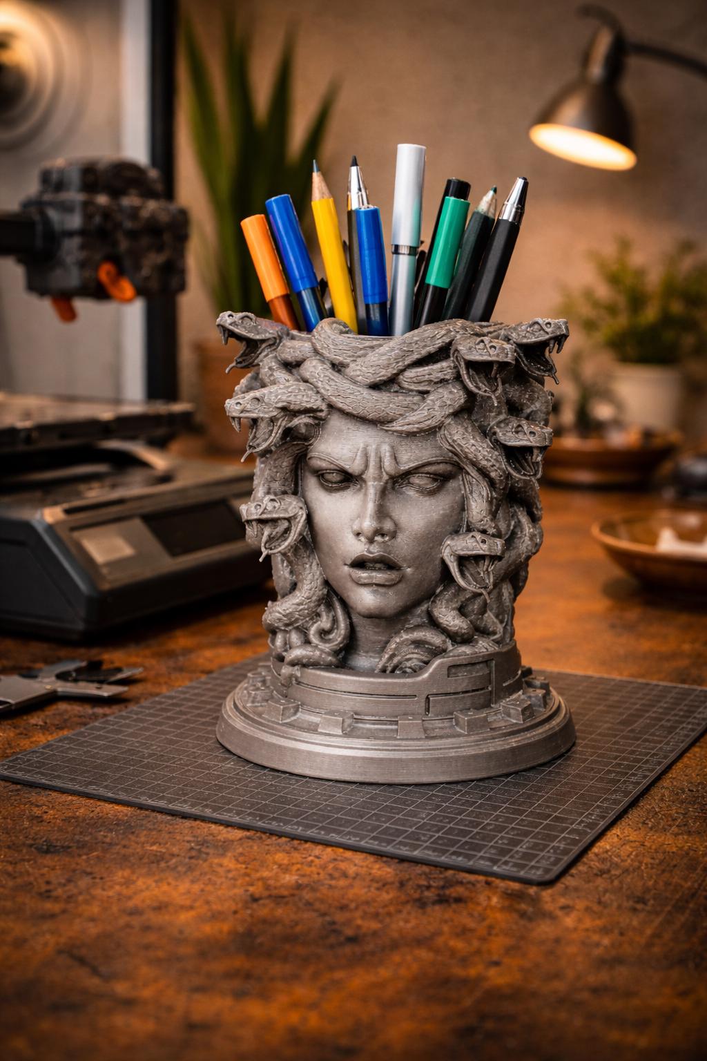 Medusa Pen Holder STL – Snake Hair Desk Organizer 3D Print File – Mythology Bust Pencil Holder Model