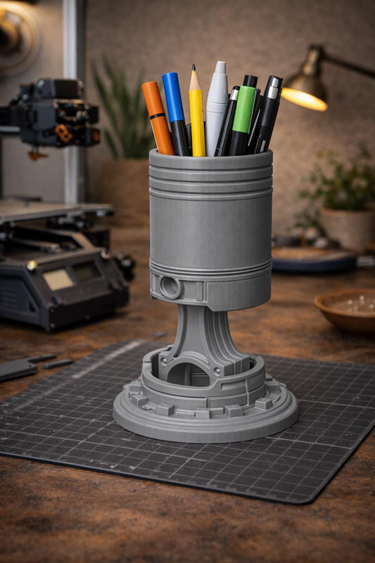 Engine Piston Pen Holder STL – Mechanical Desk Organizer 3D Print File – Automotive Themed Pencil Cup Model