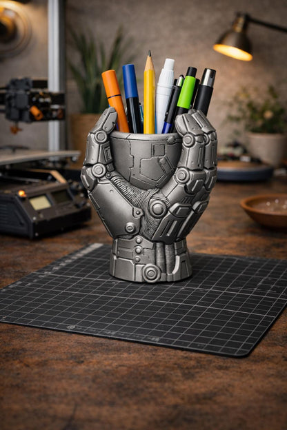 Roboterhand Stifthalter STL – Futuristischer mechanischer Schreibtisch-Organizer 3D-Druckdatei – Cyberpunk Bleistiftbecher Modell