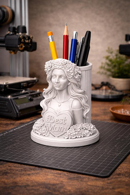Best Mom Bust Pen Holder STL File – Decorative Mother’s Day Desk Organizer 3D Print Model
