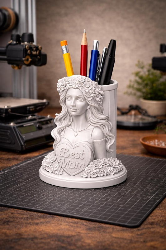 Best Mom Bust Pen Holder STL File – Decorative Mother’s Day Desk Organizer 3D Print Model