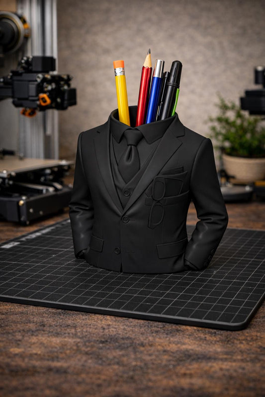 Suit Pen Holder STL – Elegant Gentleman Desk Organizer 3D Print File, Stylish Office Decor Pencil Holder Model