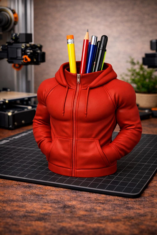 Bodybuilder Hoodie Pen Holder STL File – 3D Printable Gym Desk Organizer – Muscular Pencil Cup – Office Decor