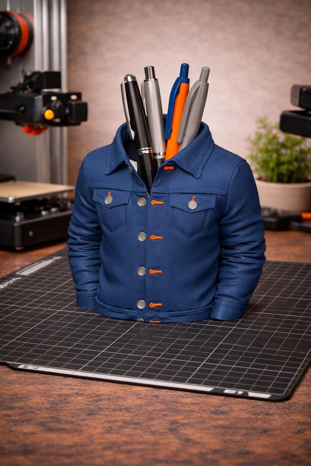 STL-Datei für Stifthalter in Jeansjacken-Optik – 3D-druckbarer Jacken-Schreibtisch-Organizer – stilvoller Büro-Stiftehalter – digitaler Download STL-Modell