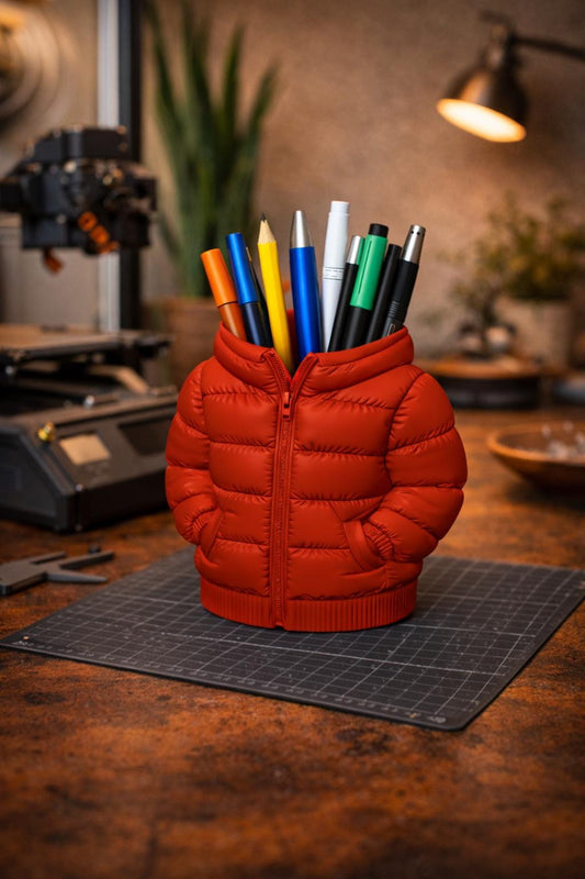 Puffer Jacket Pen Holder STL – Stylish Hoodie Desk Organizer 3D Print File – Fashion Coat Pencil Holder Model