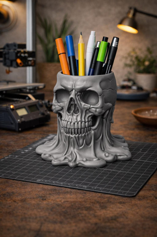 Skull Pen Holder STL – Melted Skull Desk Organizer 3D Print File – Gothic Skull Pencil Holder Model