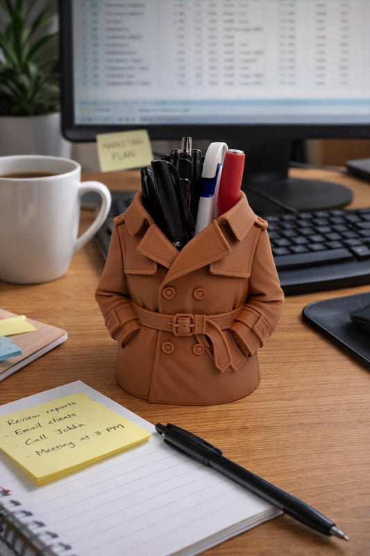 Trench Coat Pen Holder – Unique Desk Organizer, Funny Office Decor, Detective Style Pencil Holder, Gift for Coworker, Desk Accessory