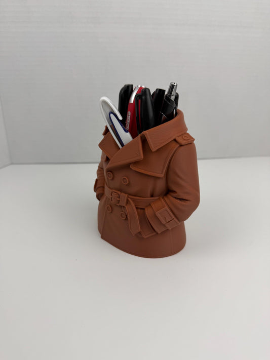Trench Coat Pen Holder – Unique Desk Organizer, Funny Office Decor, Detective Style Pencil Holder, Gift for Coworker, Desk Accessory