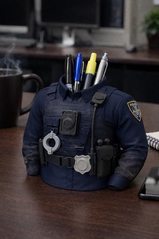 Police Uniform Pen Holder STL File – Tactical Desk Organizer 3D Print Model – Law Enforcement Office Decor – Headless Torso Pencil Holder